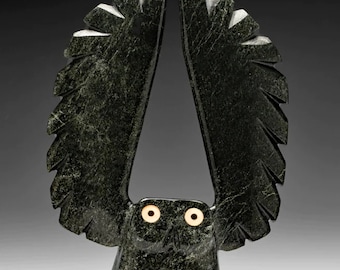 8&quot; SIGNATURE Owl by Sam Qiatsuk *Blackberry*  Original Inuit Sculpture, Cape Dorset Art, Canadian Eskimo Serpentine Carvings, New