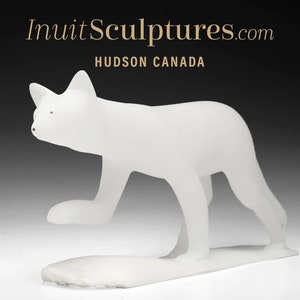 14&quot; Arctic Fox by Kuzy Curley *Snoop* Original white Inuit Sculpture, Cape Dorset Art, Canadian Eskimo alabaster Carving, New, gift idea