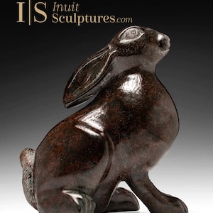 14&quot; Arctic Hare by Matto Oaklik *Brown Eyed Girl* Original Inuit Sculpture Northern Art, Canadian Eskimo Serpentine Carving New