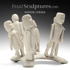 VINTAGE 11&quot; Eskimo Family by Martha Ikiperiak *Where&#39;s the Eclipse?* Original Inuit Sculpture, caribou antler bone Carving New Canadian Gift