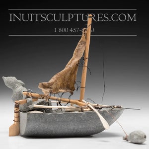7&quot; Inuk and Umiak by John Marie Ivalutinar *Oceans Away* Original Inuit Sculpture Northern Art, Canadian Eskimo Serpentine Carvings”