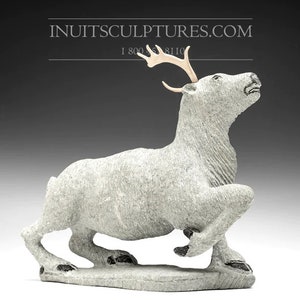 11&quot; Caribou by Natar Ungaluq *Young Tundra King* Inuit Sculpture art Inuit Original Inuit Soapstone Carving Stone New Canadian