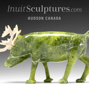 9&quot; Scenting Caribou by Peter Aningmiuq *Bogs* Green Original Inuit Sculpture, Northern Art, Canadian Eskimo Serpentine Carvings, New