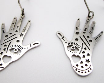 Magic Hand Palm Eye Earrings : Stainless Steel Witchy Jewelry