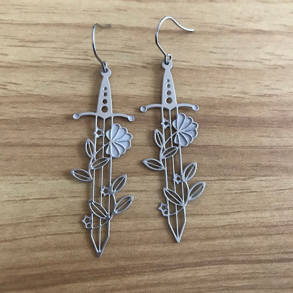 Flower Vine Sword Earrings : Hypoallergenic Stainless Steel