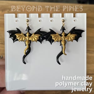 Black and Gold Dragon Earrings, Fourth Wing Inspired Tairn and Andarna Earrings, Violet&#39;s Dragons, Bookish Gifts, Handmade Polymer Clay