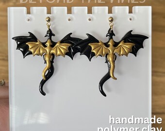 Black and Gold Dragon Earrings, Fourth Wing Inspired Tairn and Andarna Earrings, Violet's Dragons, Bookish Gifts, Handmade Polymer Clay