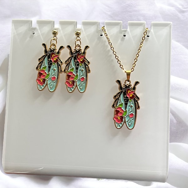 Cicada Jewelry Set, Cicada Necklace, Cicada Earrings, Cute Cicada, Cicada and Flowers, Pretty Insect Jewelry, Cute Bugs