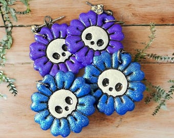 Handmade Polymer Clay Skull Flower Earrings: Gothic Halloween Jewelry