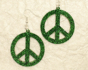 Peace Sign Earrings Dangle - Handmade Acrylic Glitter Jewelry - Hippie Statement Earrings -  Gift for Her