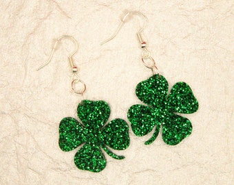 St. Patrick's Day Sparkling Shamrock Earring Four Leaf Clover Earring Green Glitter Earring Lucky Charm Earring Sparkly Earring Irish Gift