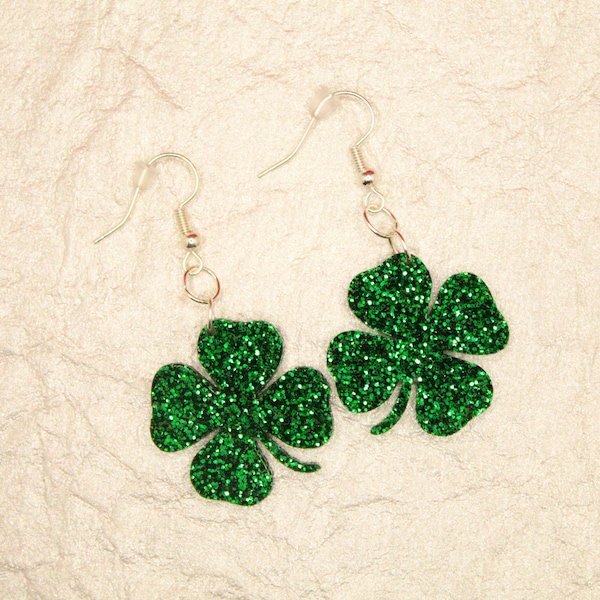 St. Patrick's Day Shamrock Earring, Green Glitter Four Leaf Clover Dangles, Sparkly Jewelry, Irish Gift