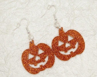 Pumpkin Earrings Dangle - Glitter Jack O Lantern Earrings - Cute Halloween Earrings for Women - Spooky Season Earring - Fall Pumpkin Earring