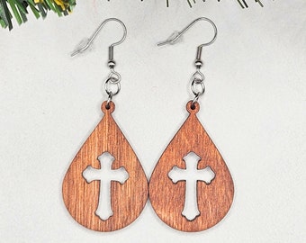 Wood Cross Earring for Her - Christian Gift for Women - Lightweight Earring Dangle - Faith Earring Handmade - Religious Jewelry Gift for Her
