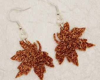 Fall Leaf Earrings Dangle - Glitter Fall Earrings - Sparkly Thanksgiving Earrings - Handmade Autumn Earrings - Seasonal Fall Gift for Women