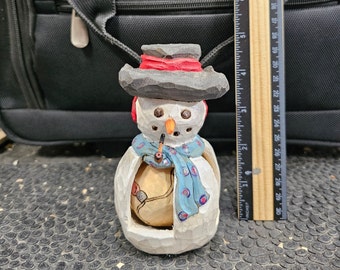 Festive Snowman Globe Ornament - hand carved, wooden Winter Wonderland Decor snowman keepsake ornament