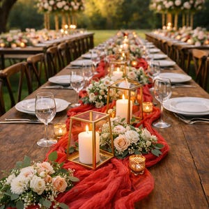 Red Hand-Dyed Gauze Table Runner, Wedding Bridal Decor, Christmas decor
