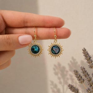 May include: A pair of gold-toned drop earrings featuring a circular sunburst design. Each earring has a central iridescent abalone shell inlay surrounded by a ring of small clear crystals, suspended from a simple gold-toned hook wire finding.