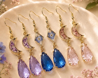 Teardrop Earrings | Resin Flower Earrings | Pink Blue Purple Moon Dangle Earrings