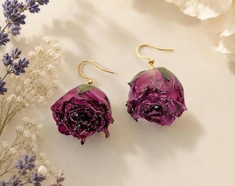 Purple Rose Earrings, Real Preserved Rose Earrings, Floral Dangle Earrings, Romantic Gift, Cottagecore Jewelry