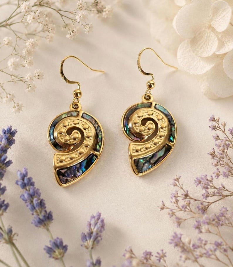 Abalone Shell Earrings, Gold Nautilus Dangles - Etsy UK
