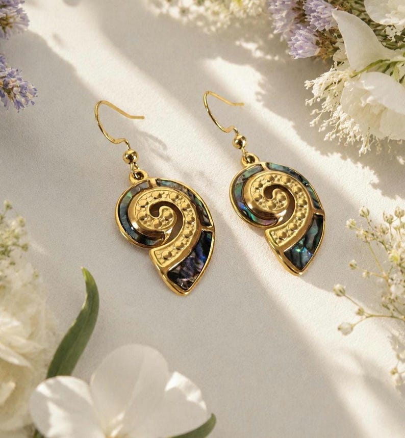 Abalone Shell Earrings, Gold Nautilus Dangles - Etsy UK