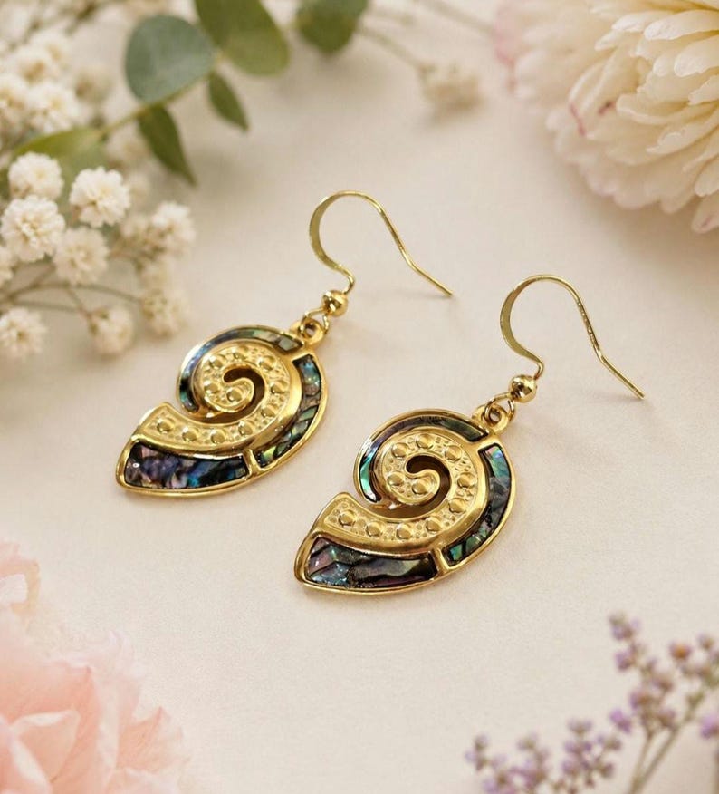 Abalone Shell Earrings, Gold Nautilus Dangles - Etsy UK