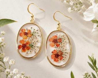 Pressed Flower Earrings, Real Orange Flower Dangle Earrings, Botanical Jewellery