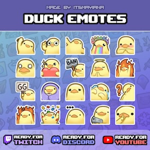 Puede incluir: Una colección de emoticonos de patos amarillos con varias expresiones y poses. El texto "DUCK EMOTES" se muestra en la parte superior. La imagen también incluye el texto "READY FOR TWITCH", "READY FOR DISCORD" y "READY FOR YOUTUBE".