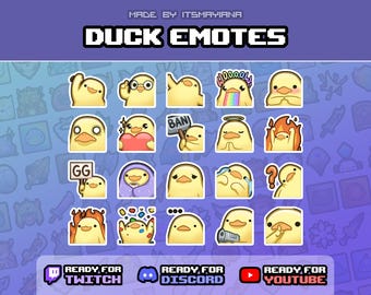 May include: A collection of yellow duck emotes with various expressions and poses. The text "DUCK EMOTES" is displayed at the top. The image also includes the text "READY FOR TWITCH", "READY FOR DISCORD", and "READY FOR YOUTUBE".