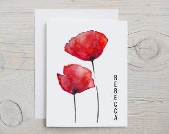 Watercolor Red Poppy Note Cards, Personalized Poppy Stationary Cards Sets, 2 Red Poppies Notecard Stationery with envelopes