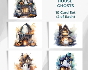 Haunted House Ghosts Halloween Greeting Cards, 10 Assorted Watercolor Holiday Note Cards, Blank Ghosts Stationery Cards