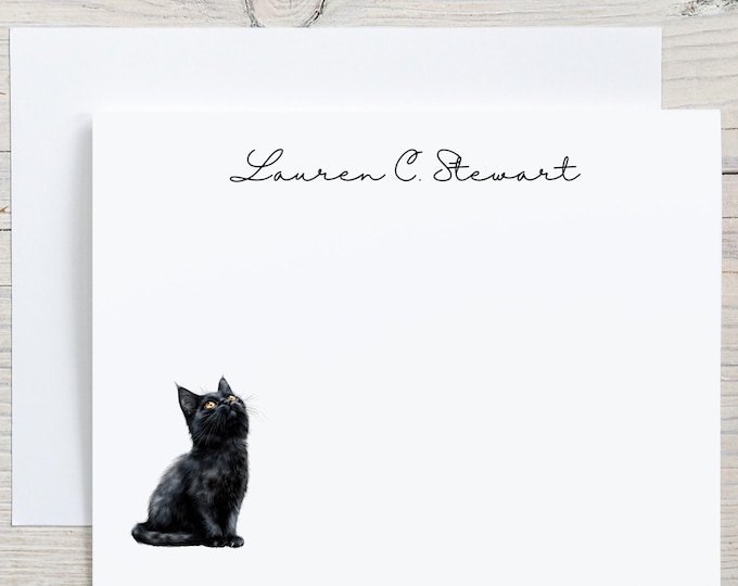 Personalized Adoring Black Cat Note Cards, Custom Cat Stationary, Cat Stationery for Women, All Occasion Cat Greeting Cards