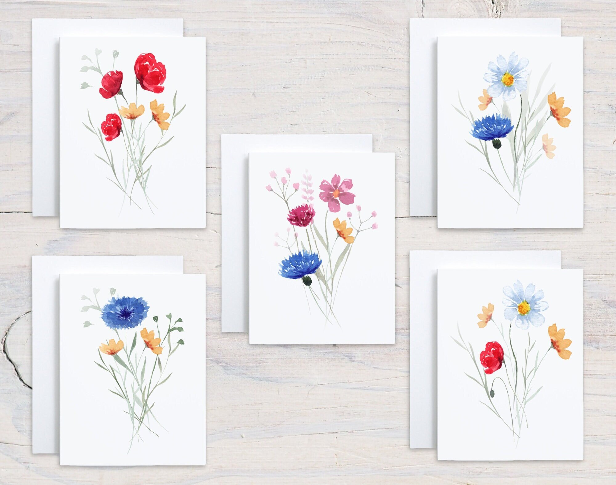 Summer Flowers Bouquets, Set of 10 Variety Note Cards, Folded Notecards ...