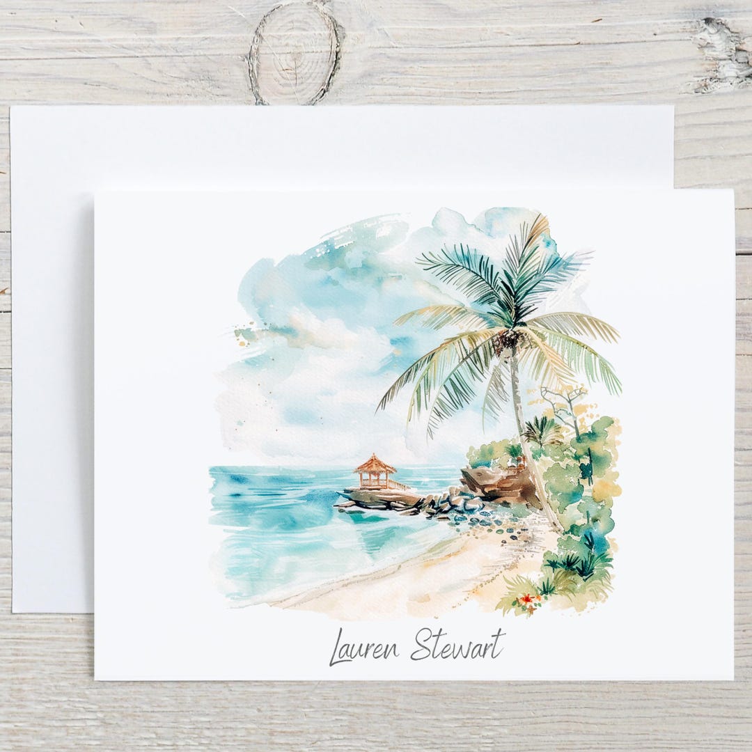 Beach Note Example Personalized Beach Note Cards, Coastal Palm Tree Stationery for Her ...