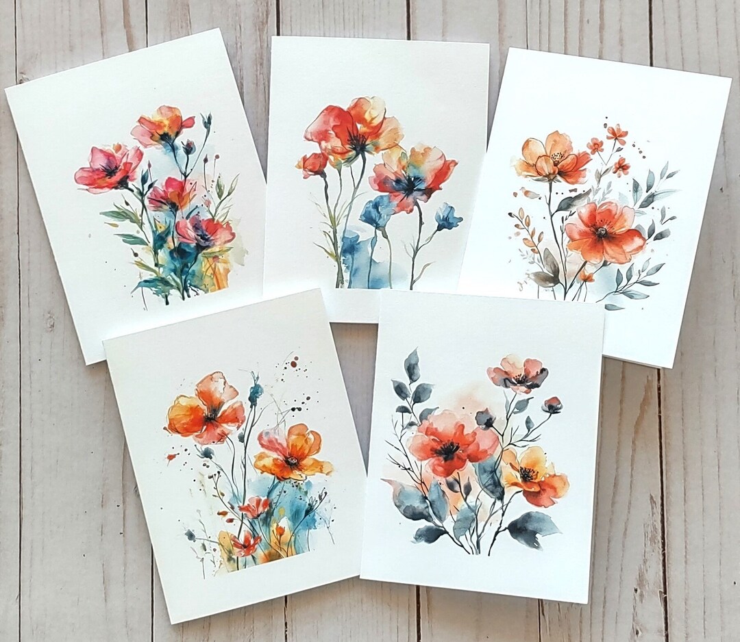 Spring Summer Floral Note Cards, Assorted Set of 10, Watercolor Flower ...