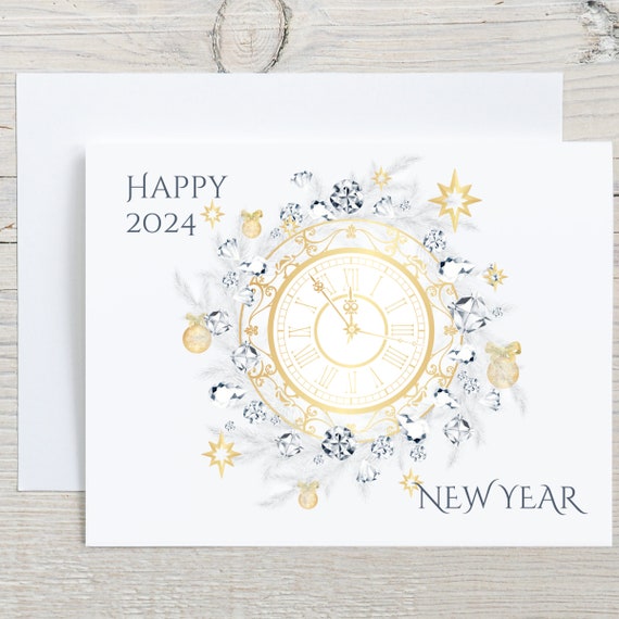 New Years Eve Clock, 2024 Happy New Years Greeting Cards Sets, New