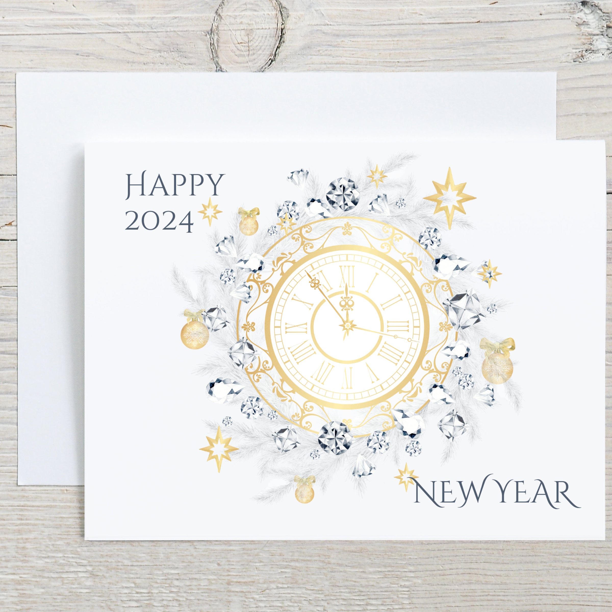 Counting last moments to New 2024 Year. Greeting card with clock