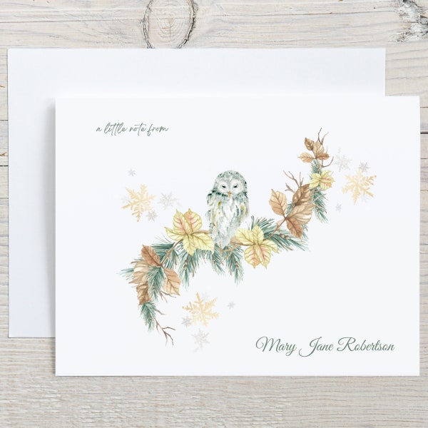 Winter Snow Owl Personalized Note Cards Stationary Sets, Watercolor Snow Owl Stationery Cards, Winter Owl Notecards Stationery Sets