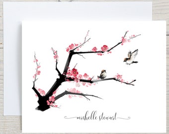 Birds in Cherry Blossom Tree, Personalized Spring Note Cards Sets, Blank Greeting Cards, Folded Stationery Notecards