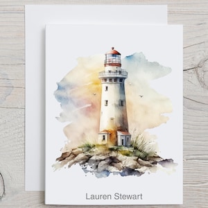 Ocean Lighthouse Personalized Watercolor Note Cards, Custom Rocky Coast Notecards, Nautical Coastline Theme Stationary