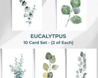 Eucalyptus Watercolor Note Cards, Assorted Botanical Greenery Stationary, Blank Greeting Cards