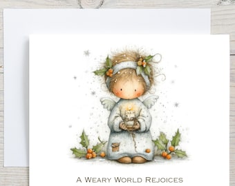 Cute Angel Christmas Cards, Christian Christmas Cards, Religious Theme Holiday Greeting Cards, A Weary World Rejoices, Angel Blank Cards Set
