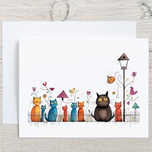Cats on a Fence Note Cards Set, Watercolor Cartoon Cats, Greeting Cards, Cats Thank You Cards, Blank, Folded Notecards