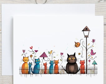 Watercolor Cats Note Cards Set, Whimsical Cartoon Cats on a Fence Stationary, Greeting Cards for Cat Lovers