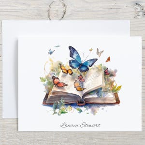 Butterfly Personalized Note Cards, Book Lover Stationary Gifts, Floral Greenery Butterflies Custom Cards
