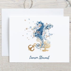 Watercolor Seahorse Note Cards Set, Personalized Folded Stationary Notecards, Blank Greeting Cards