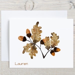 Personalized Acorns & Oak Leaves Note Cards, Watercolor Botanical Custom Note Cards, Fall Stationery for Women, Autumn Blank Greeting Cards