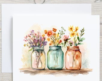 Flowers Note Cards, Mason Jar Flowers Note Card Set, Flower Thank You Notes, Watercolor Wildflower Cards, Botanical Stationery, Gift for Her
