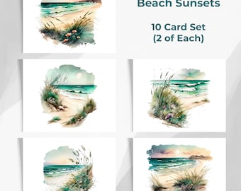 Beach Sunsets Note Cards, Watercolor Ocean Shore Stationery, Coastal Notecard Set, Summer Custom Note Cards